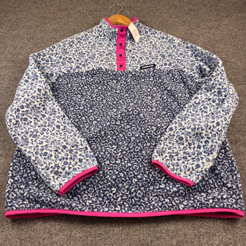 Lands' End Fleece Pullover Girls L 14-16 Blue Floral Leopard NWOT Anti-Static